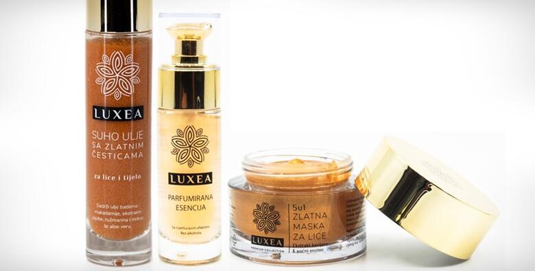 POPUST: 32% - Zlatni poklon set Luxea kozmetike - razmazite sebe ili razveselite drage osobe uz suho ulje sa zlatnim česticama, parfemsku esenciju i 5 u 1 zlatnu masku za lice (Anzotica Cosmetics)