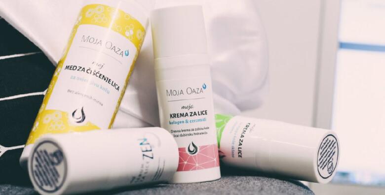 Set za problematičnu, masnu i mješovitu kožu lica – med za čišćenje lica, serum, BESTSELLER krema Kolagen&Ceramidi i krema za kožu sklonu aknama brenda Moja Oaza